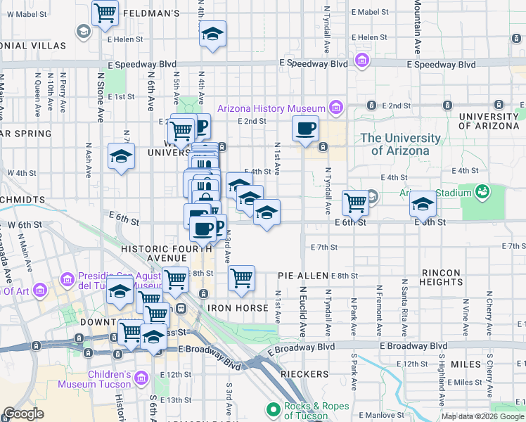 map of restaurants, bars, coffee shops, grocery stores, and more near 604 East 5th Street in Tucson