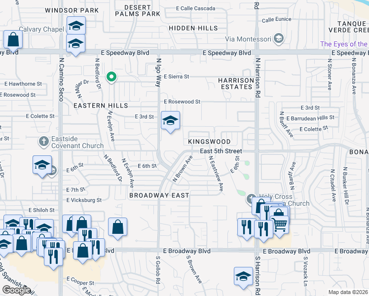 map of restaurants, bars, coffee shops, grocery stores, and more near 625 North Brown Avenue in Tucson