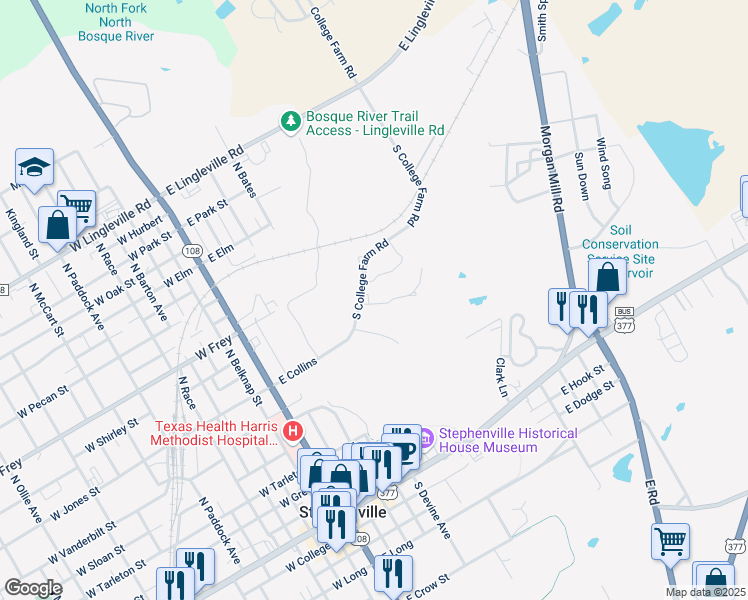 map of restaurants, bars, coffee shops, grocery stores, and more near 615 South College Farm Road in Stephenville