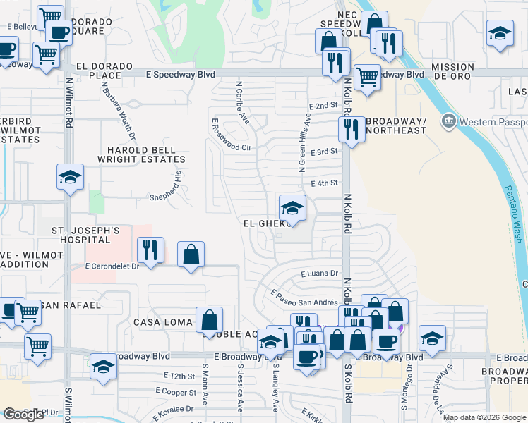 map of restaurants, bars, coffee shops, grocery stores, and more near 630 North Caribe Avenue in Tucson