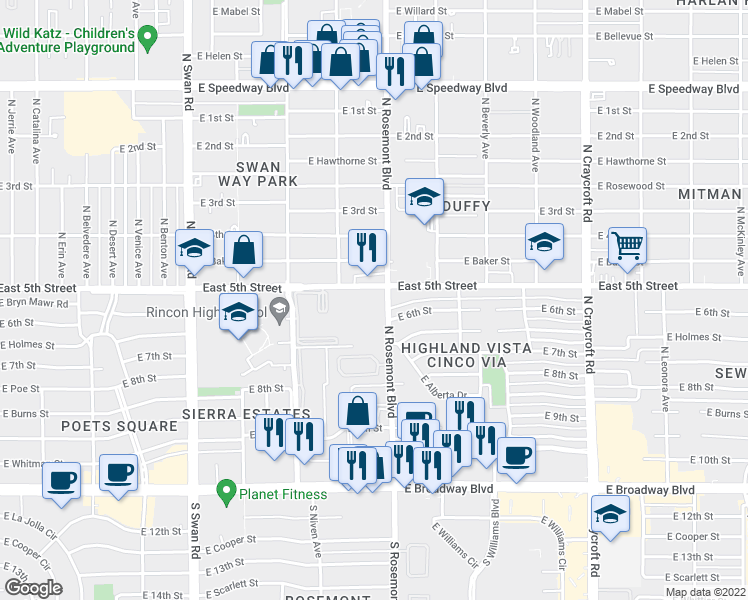 map of restaurants, bars, coffee shops, grocery stores, and more near 5067 East 5th Street in Tucson