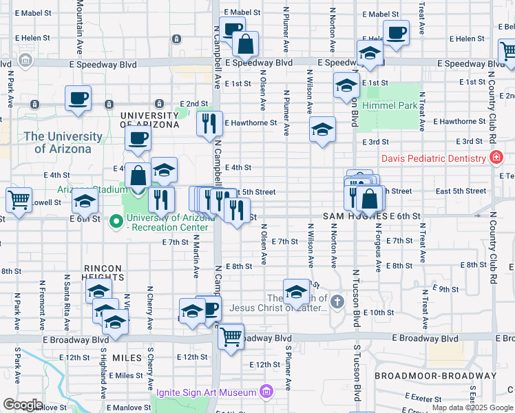 map of restaurants, bars, coffee shops, grocery stores, and more near 2034 East 5th Street in Tucson