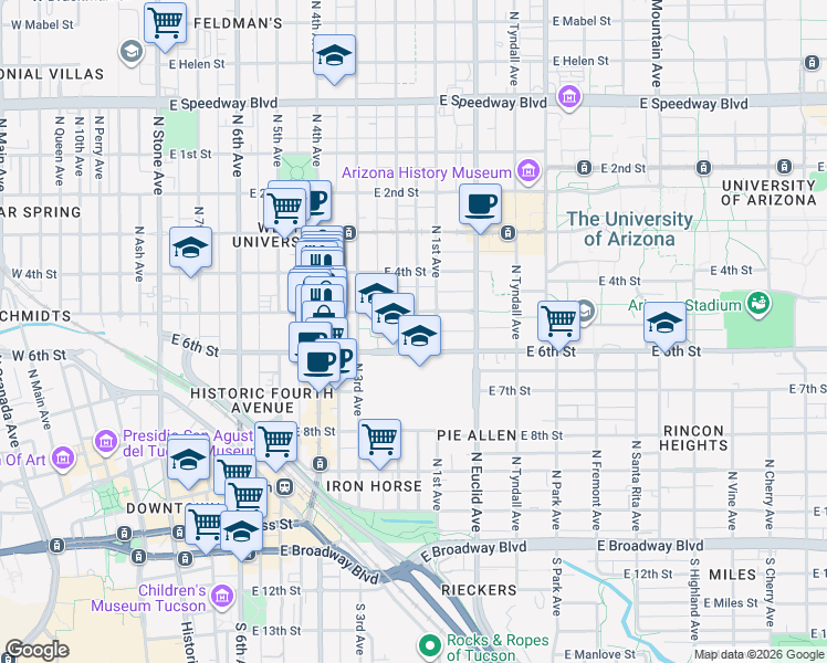 map of restaurants, bars, coffee shops, grocery stores, and more near 604 East 5th Street in Tucson