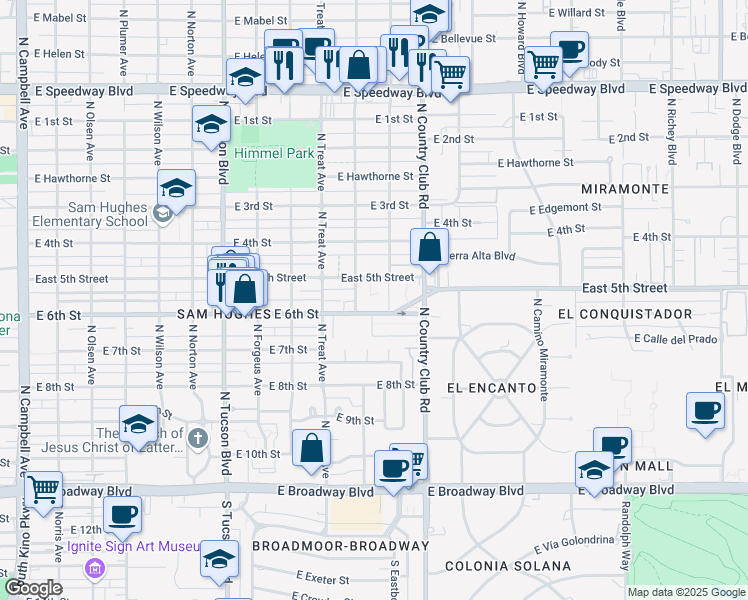 map of restaurants, bars, coffee shops, grocery stores, and more near 2929 East 6th Street in Tucson