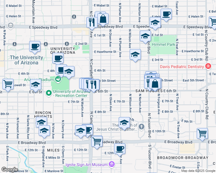 map of restaurants, bars, coffee shops, grocery stores, and more near 2034 East 5th Street in Tucson