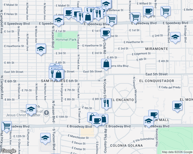 map of restaurants, bars, coffee shops, grocery stores, and more near 3033 East 6th Street in Tucson