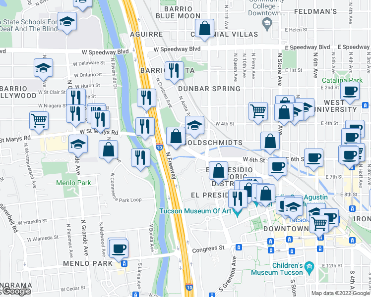 map of restaurants, bars, coffee shops, grocery stores, and more near W St Marys Rd in Tucson