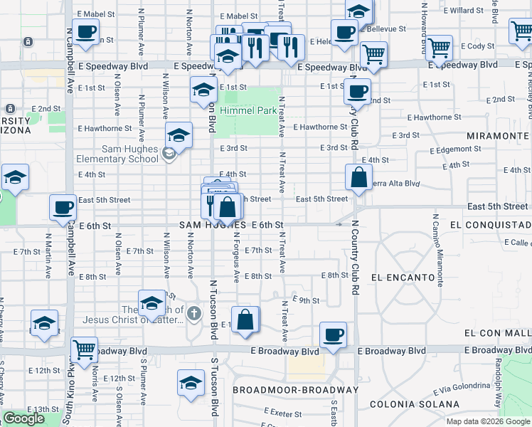 map of restaurants, bars, coffee shops, grocery stores, and more near 2646 E 5th St in Tucson