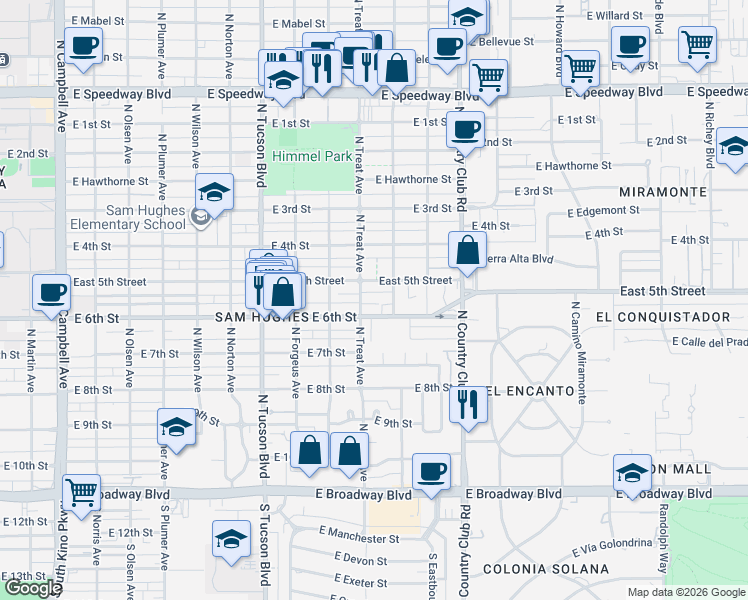 map of restaurants, bars, coffee shops, grocery stores, and more near 537 North Stewart Avenue in Tucson
