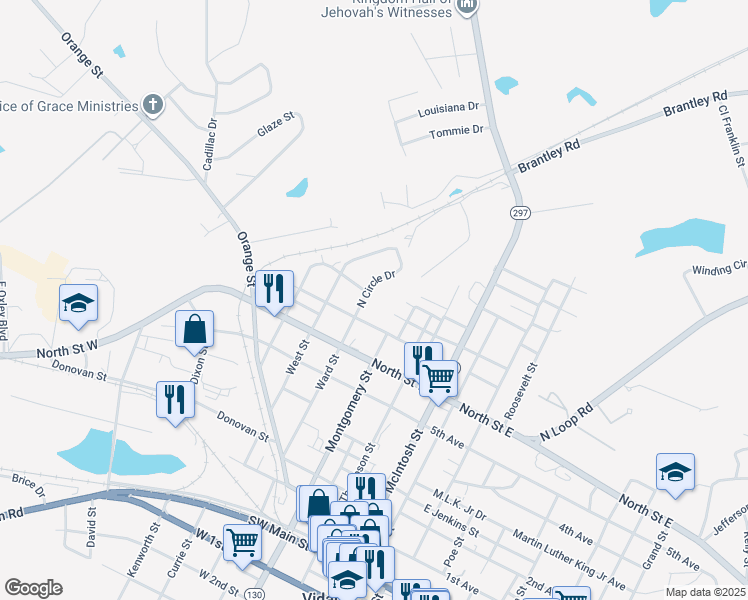 map of restaurants, bars, coffee shops, grocery stores, and more near 942 North Circle Drive in Vidalia