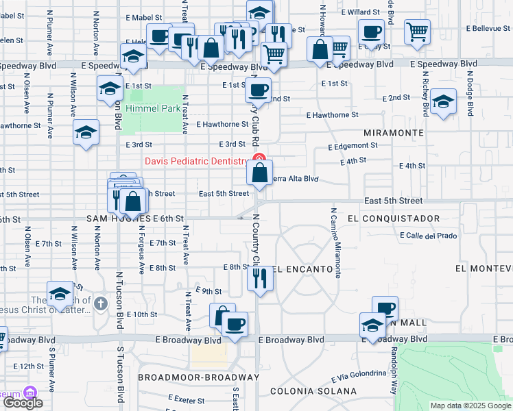 map of restaurants, bars, coffee shops, grocery stores, and more near E 5th St & N Country Club Rd in Tucson