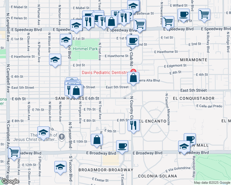 map of restaurants, bars, coffee shops, grocery stores, and more near 2840 East 5th Street in Tucson