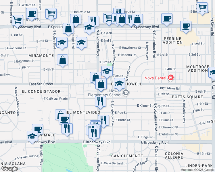 map of restaurants, bars, coffee shops, grocery stores, and more near 3925 East 5th Street in Tucson