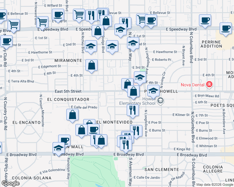 map of restaurants, bars, coffee shops, grocery stores, and more near 3805 East 5th Street in Tucson