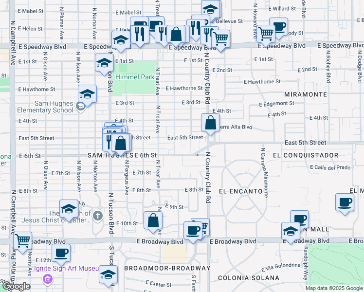 map of restaurants, bars, coffee shops, grocery stores, and more near 2840 East 5th Street in Tucson