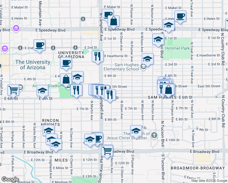 map of restaurants, bars, coffee shops, grocery stores, and more near 2034 East 5th Street in Tucson