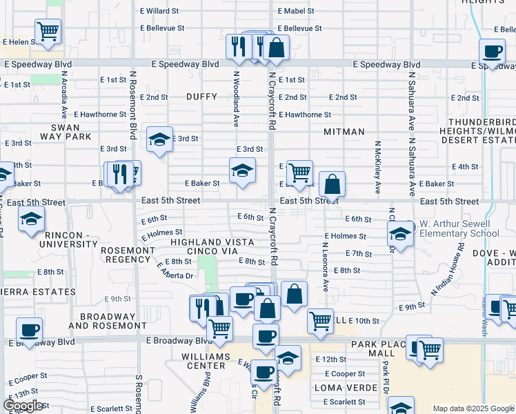 map of restaurants, bars, coffee shops, grocery stores, and more near in Tucson