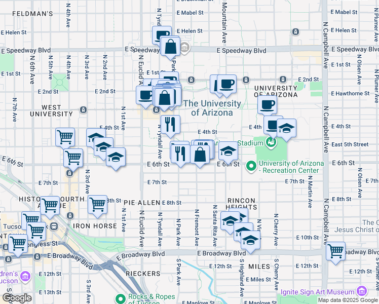 map of restaurants, bars, coffee shops, grocery stores, and more near 601 North Highland Avenue in Tucson