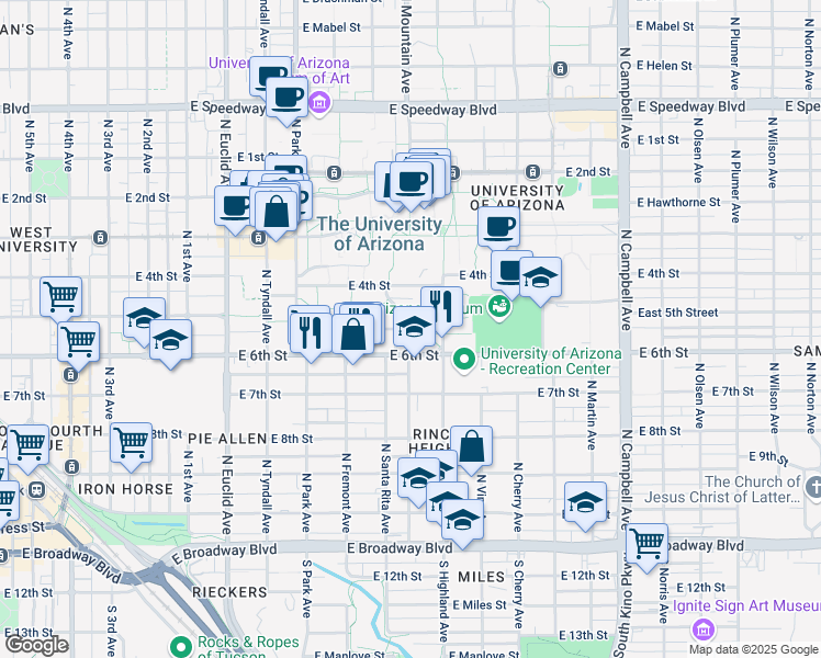 map of restaurants, bars, coffee shops, grocery stores, and more near 1215 East Lowell Street in Tucson