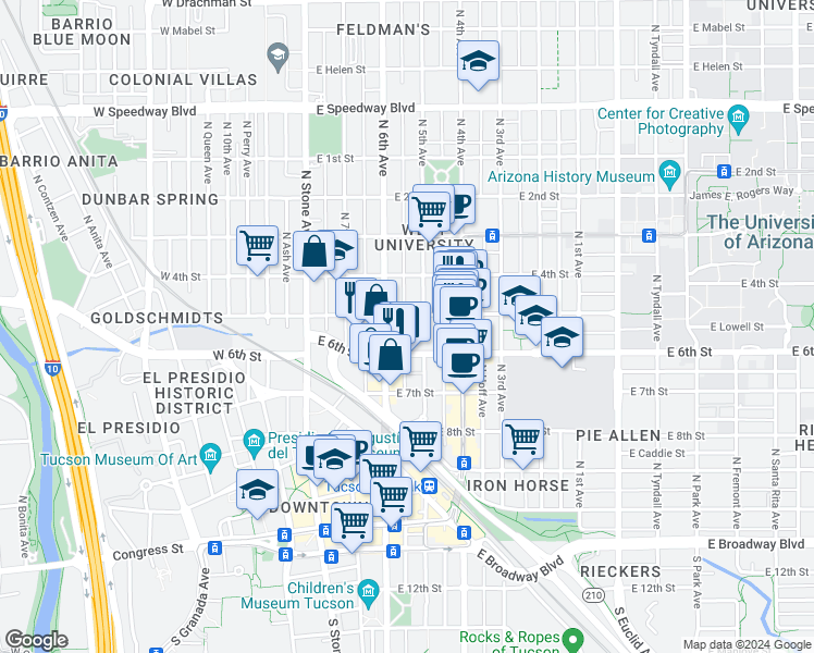 map of restaurants, bars, coffee shops, grocery stores, and more near 536 North Arizona Avenue in Tucson
