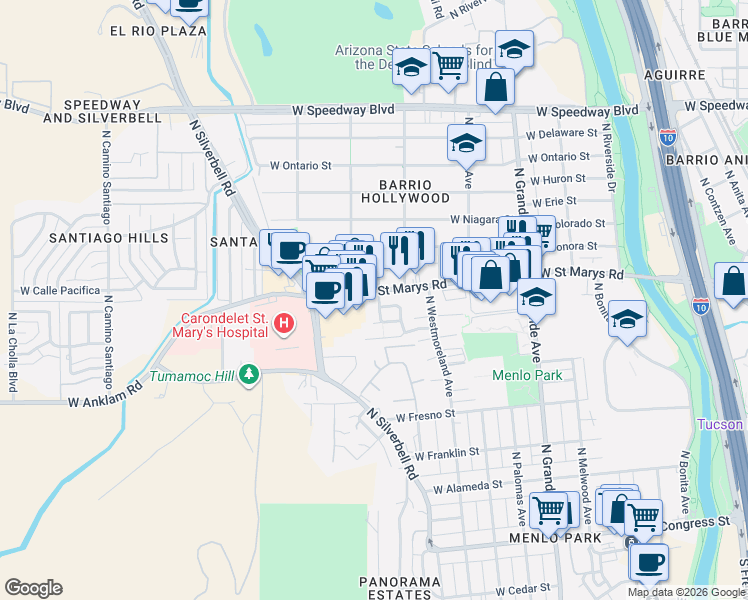 map of restaurants, bars, coffee shops, grocery stores, and more near 1475 W St Marys Rd in Tucson