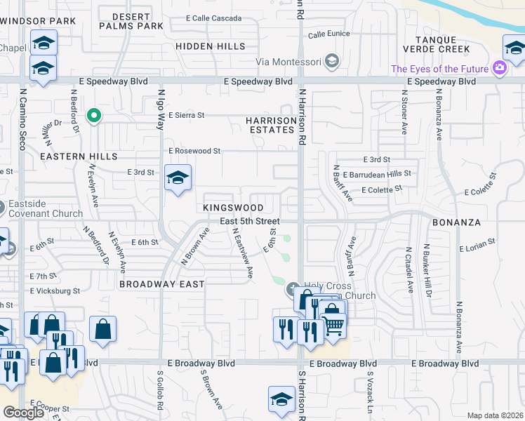 map of restaurants, bars, coffee shops, grocery stores, and more near 624 North Jasmine Place in Tucson