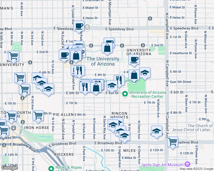 map of restaurants, bars, coffee shops, grocery stores, and more near 1127 East Lowell Street in Tucson