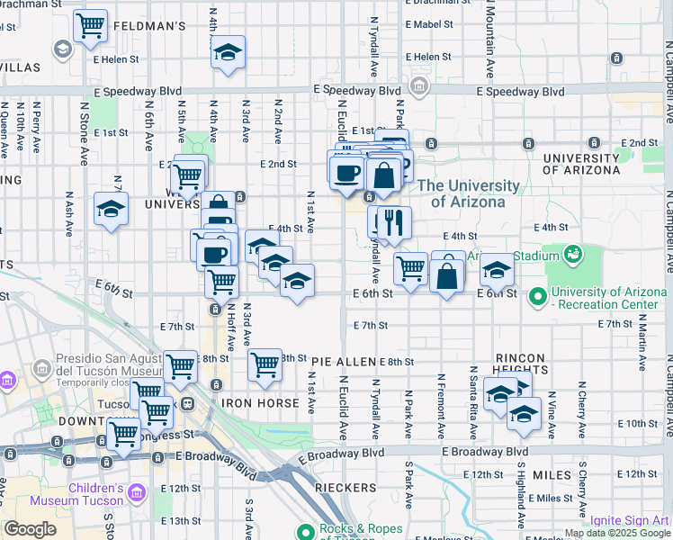 map of restaurants, bars, coffee shops, grocery stores, and more near in Tucson