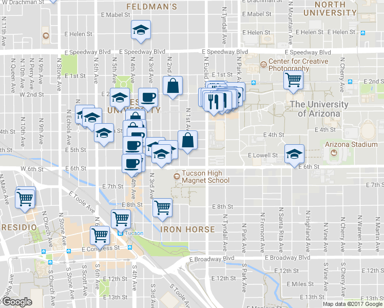 map of restaurants, bars, coffee shops, grocery stores, and more near 702 East 5th Street in Tucson