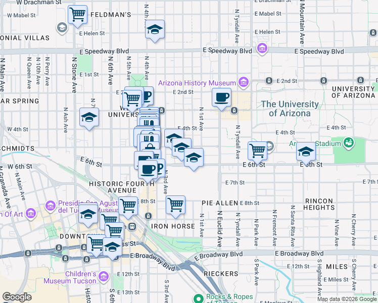 map of restaurants, bars, coffee shops, grocery stores, and more near 604 East 5th Street in Tucson