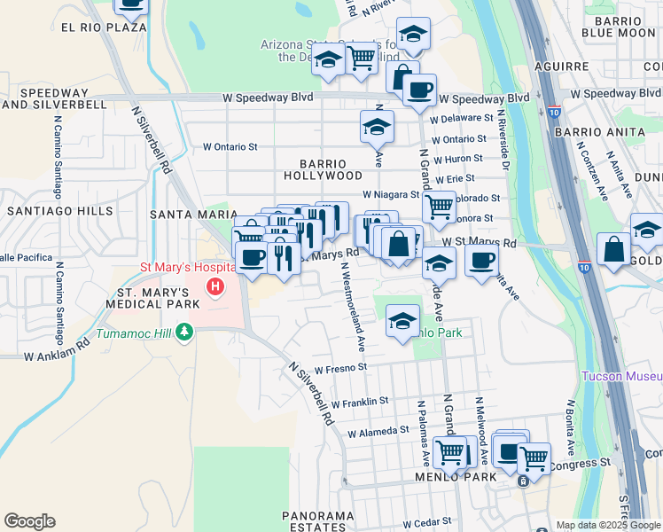 map of restaurants, bars, coffee shops, grocery stores, and more near 1351 North Westmoreland Avenue in Tucson