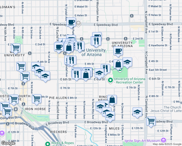 map of restaurants, bars, coffee shops, grocery stores, and more near 1127 East Lowell Street in Tucson