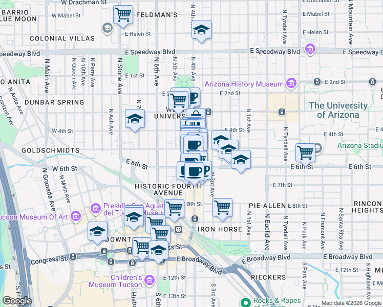 map of restaurants, bars, coffee shops, grocery stores, and more near 543 North 4th Avenue in Tucson