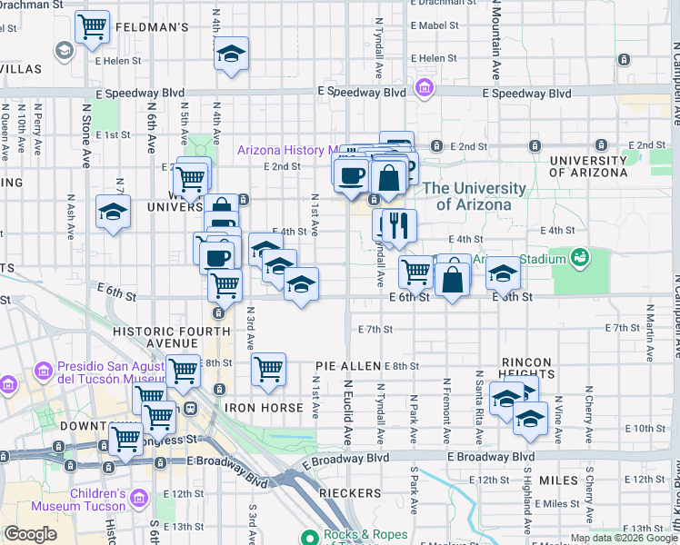 map of restaurants, bars, coffee shops, grocery stores, and more near in Tucson