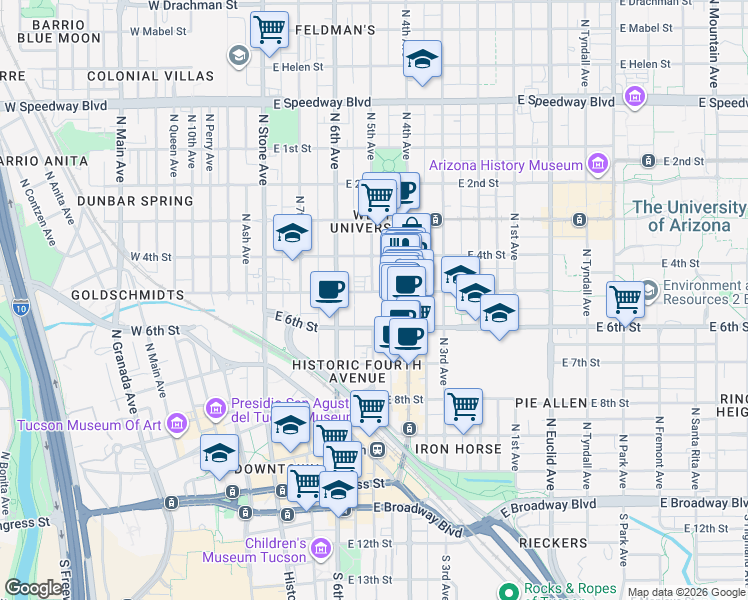map of restaurants, bars, coffee shops, grocery stores, and more near 550 North 5th Avenue in Tucson
