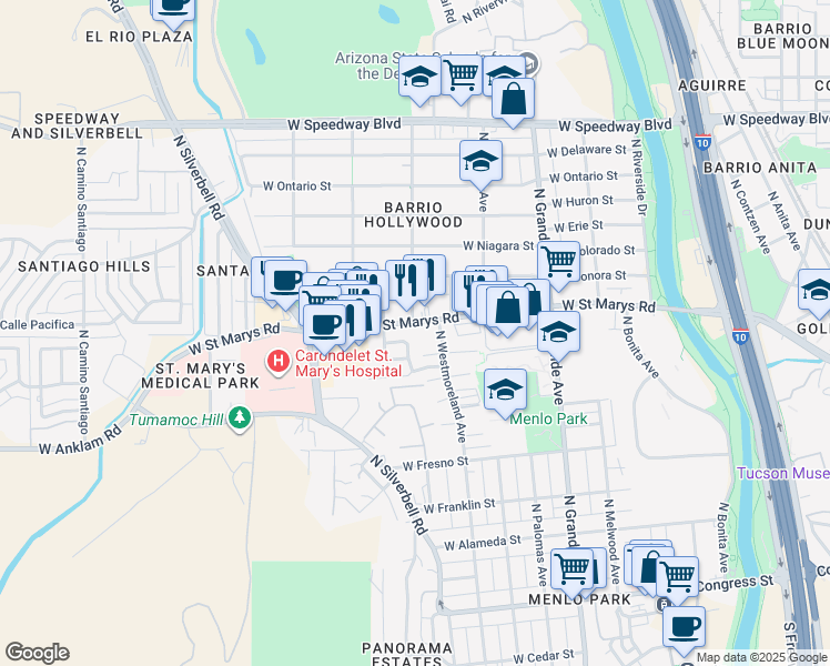 map of restaurants, bars, coffee shops, grocery stores, and more near 1335 West Saint Mary’s Road in Tucson