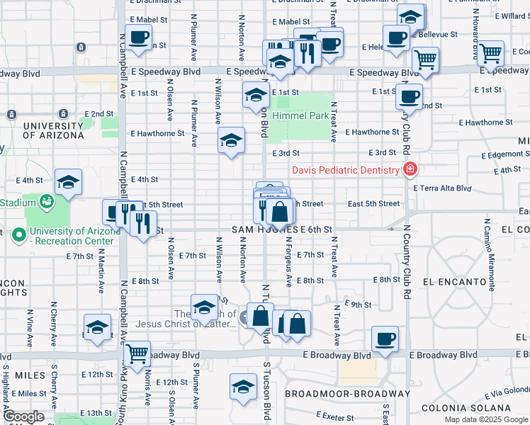 map of restaurants, bars, coffee shops, grocery stores, and more near 2444 East 5th Street in Tucson