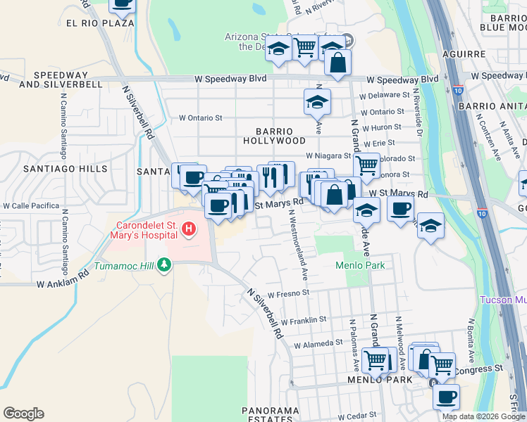 map of restaurants, bars, coffee shops, grocery stores, and more near 1435 West Saint Marys Road in Tucson