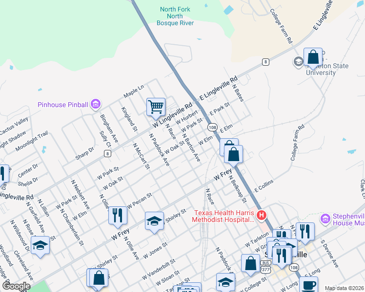 map of restaurants, bars, coffee shops, grocery stores, and more near 1390 North Barton Street in Stephenville