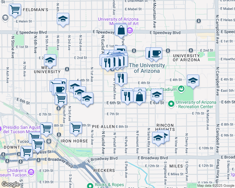 map of restaurants, bars, coffee shops, grocery stores, and more near 910 East 5th Street in Tucson