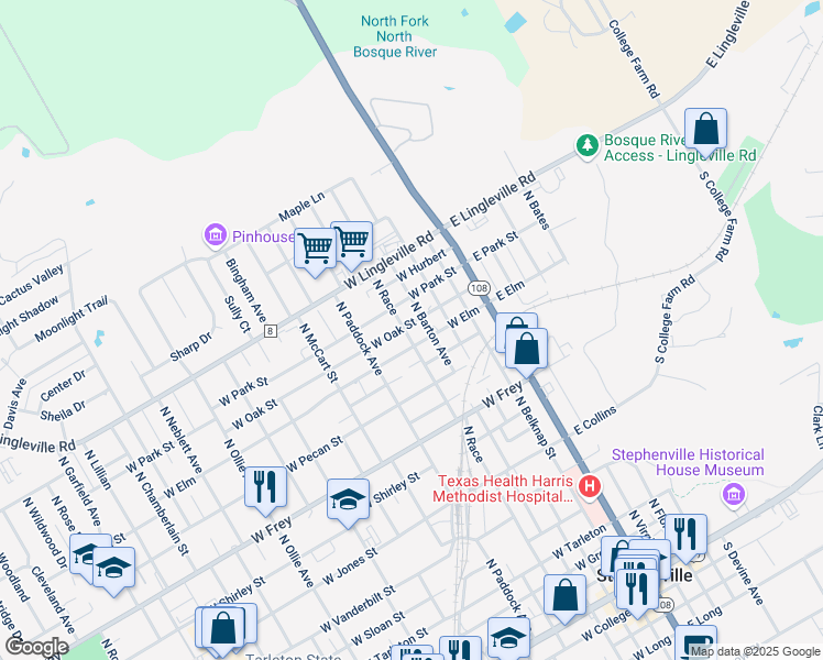 map of restaurants, bars, coffee shops, grocery stores, and more near 1391 North Race in Stephenville