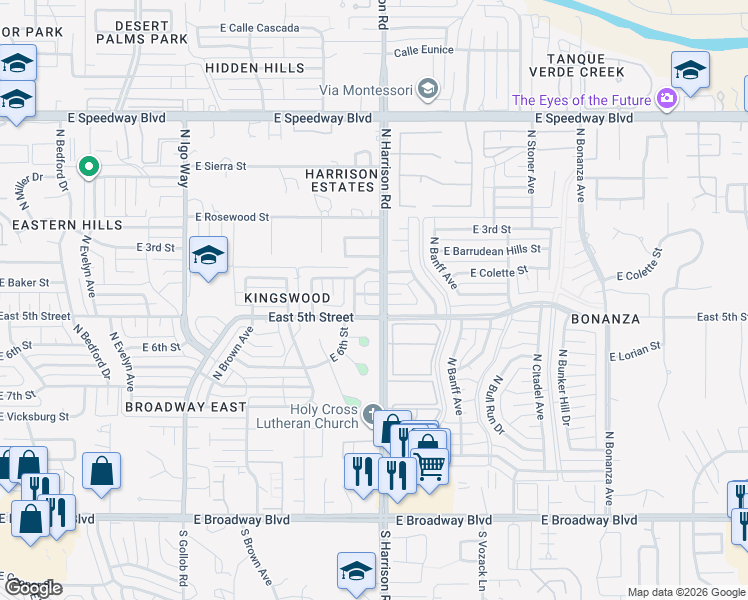 map of restaurants, bars, coffee shops, grocery stores, and more near 9440 East Baker Street in Tucson