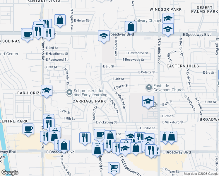 map of restaurants, bars, coffee shops, grocery stores, and more near 619 North Medford Drive in Tucson