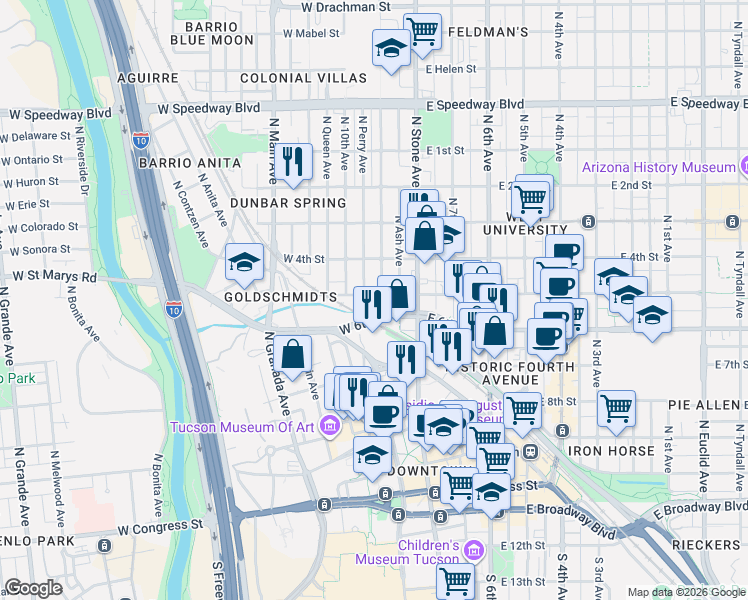 map of restaurants, bars, coffee shops, grocery stores, and more near 105 West 5th Street in Tucson