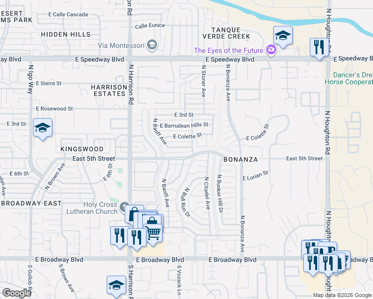 map of restaurants, bars, coffee shops, grocery stores, and more near 9657 East Baker Street in Tucson