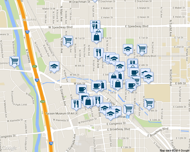 map of restaurants, bars, coffee shops, grocery stores, and more near 47 West 5th Street in Tucson