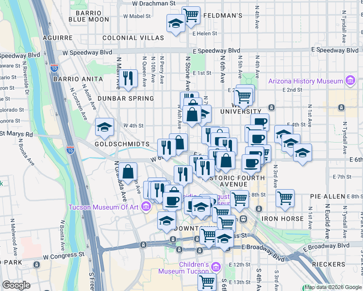 map of restaurants, bars, coffee shops, grocery stores, and more near 47 West 5th Street in Tucson