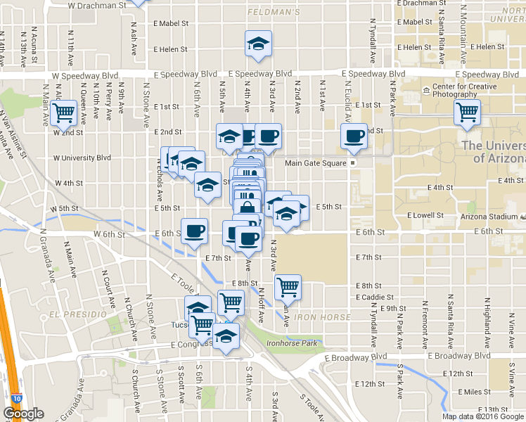 map of restaurants, bars, coffee shops, grocery stores, and more near 422 East 5th Street in Tucson