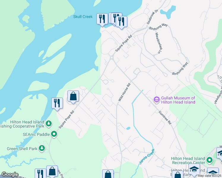 map of restaurants, bars, coffee shops, grocery stores, and more near 16 Rebecca Circle in Hilton Head Island