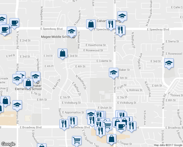 map of restaurants, bars, coffee shops, grocery stores, and more near 8502 East Baker Place in Tucson